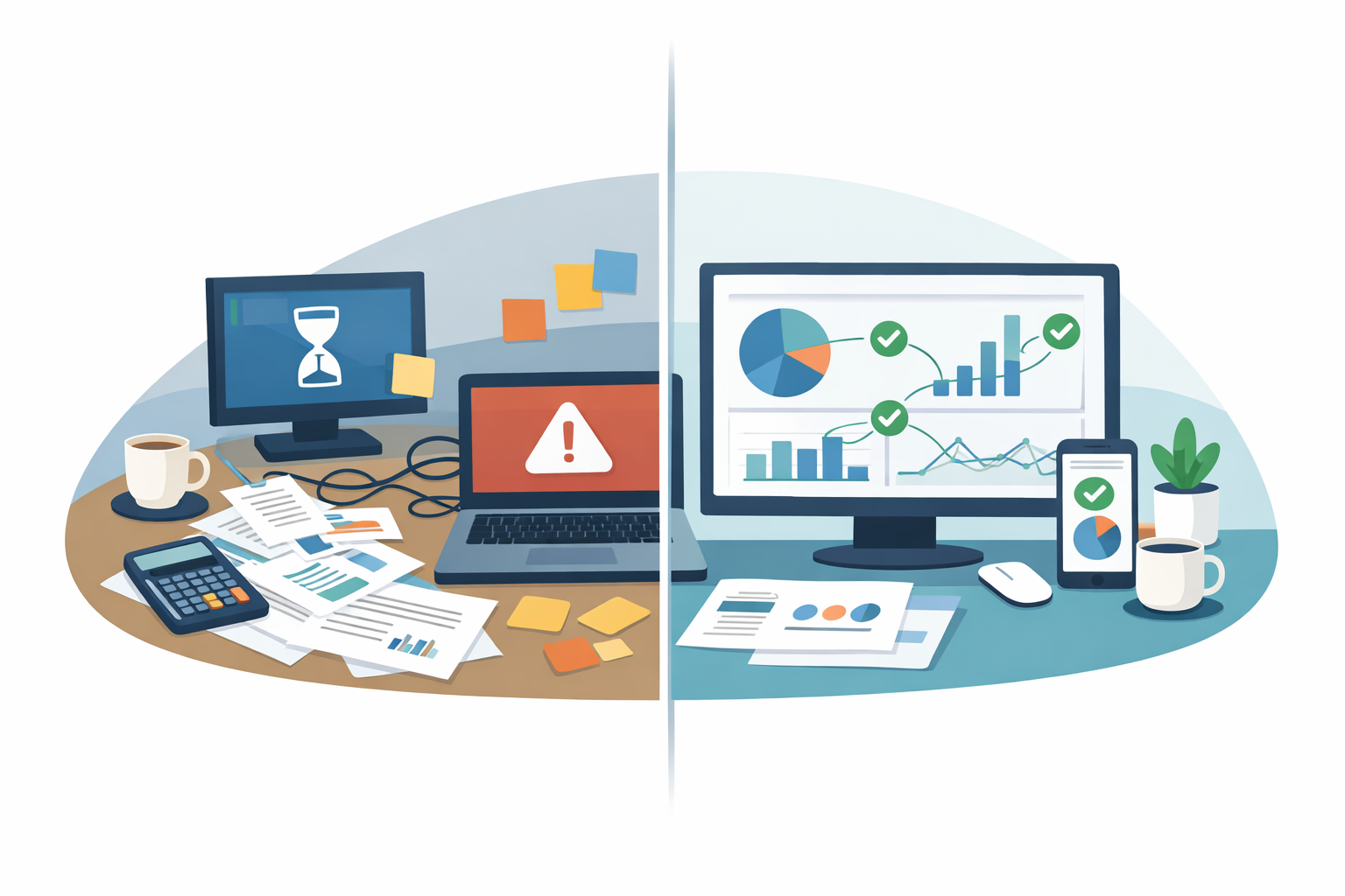 HOA software comparison: cluttered desk vs. clean modern dashboard